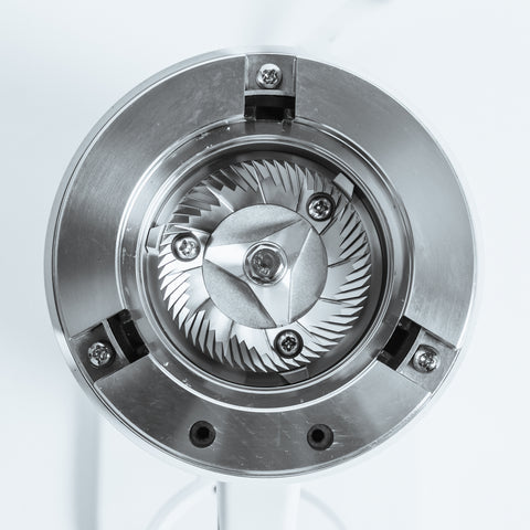 close up of the pre-calibrated 64mm stainless steel burr set on the DF64 Gen 2 Grinder