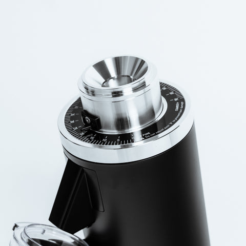 DF54 Electric Coffee Grinder by Earl showing the 54mm flat burr and grind adjustment dial.