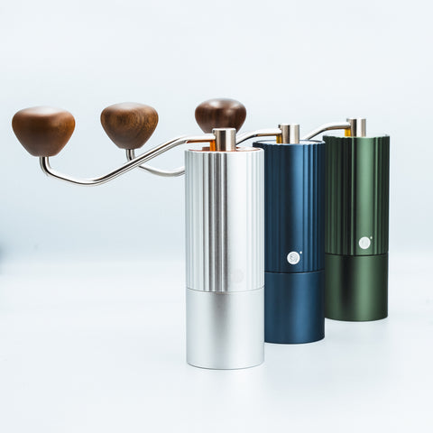 image of the silver, green and blue zeroHero Z3 Pro Coffee Hand Manual Grinder with ergonomic solid wood handles