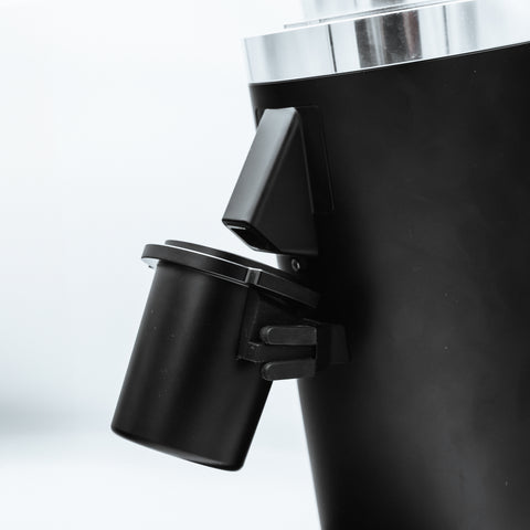 58mm black metal catch cup for transfer directly into a portafilter on the DF64 Gen 2 Electric Coffee Grinder