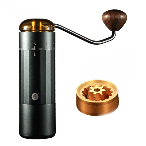 image of the zeroHero Z5 Coffee Hand Grinder in grey with ergonomic solid wood handle