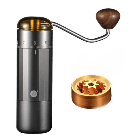 image of the zeroHero Z5coffee hand grinder equipped with a 7 axis, titanium coated burr with a 38mm diameter blade