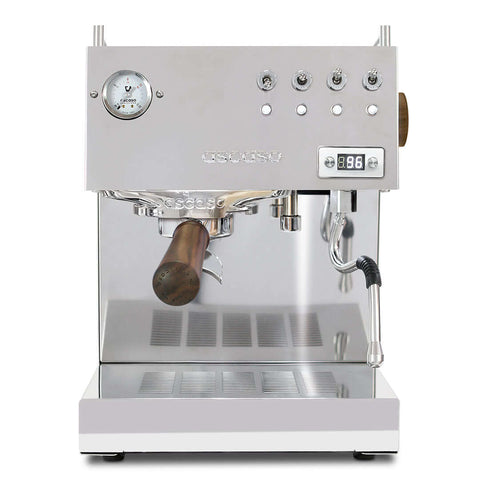 front profile of the vintage industrial look on the Ascaso Steel Duo PID Espresso Coffee Machine in Stainless Steel & Wood