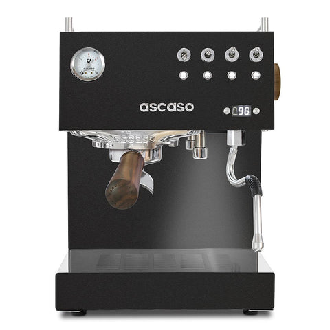 front view of the Ascaso Steel Duo PID Espresso Coffee Machine in Black & Wood, with professional advanced features