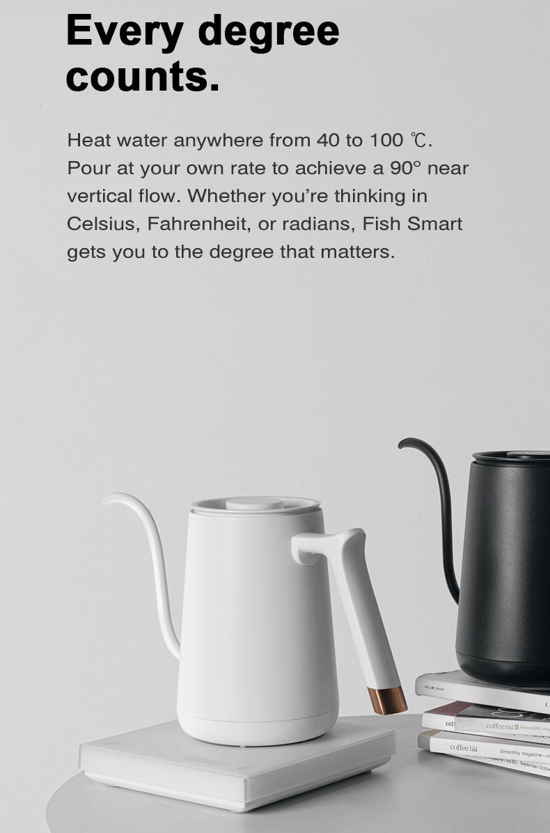 image of black and white Timemore Fish Smart Pour Over Kettle with instructions on how to use