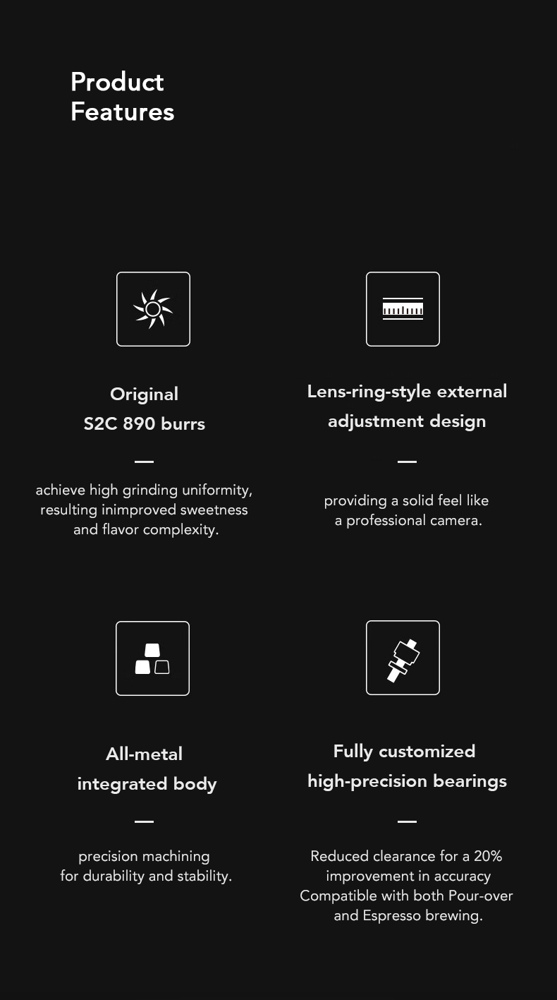 graphic showing Timemore S3 Chestnut Manual Grinder product features