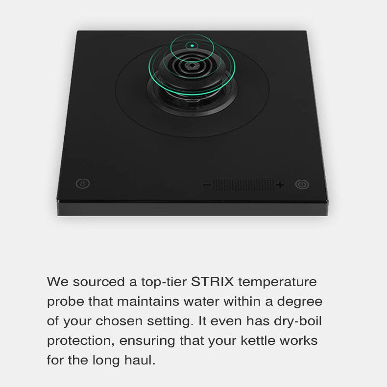 Base of Timemore Fish Smart Pour Over Kettle with text about STRIX temperature probe on a white background