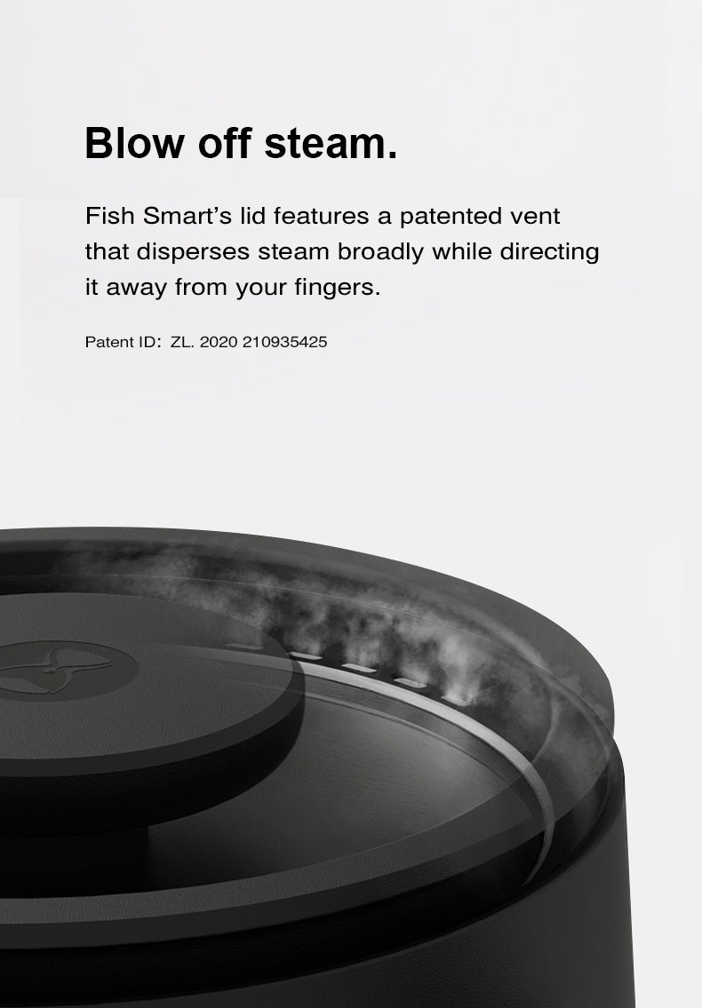Black lid on the Timemore Fish Smart Pour Over Kettle highlighting patented vent system