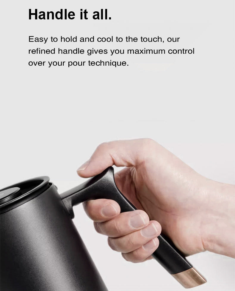 Hand holding handle on the Timemore Fish Smart Pour Over Kettle with text about its design and functionality.