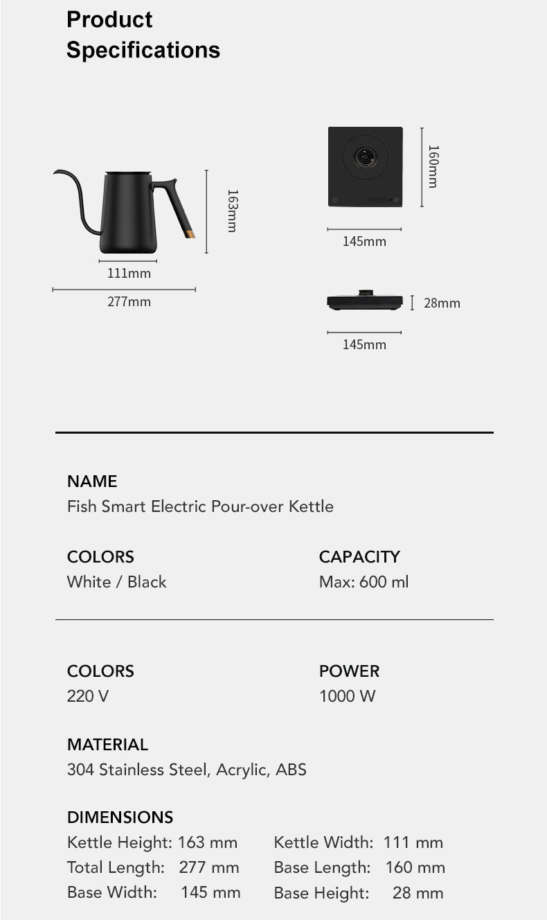 Timemore Fish Smart Pour Over Kettle product specifications 