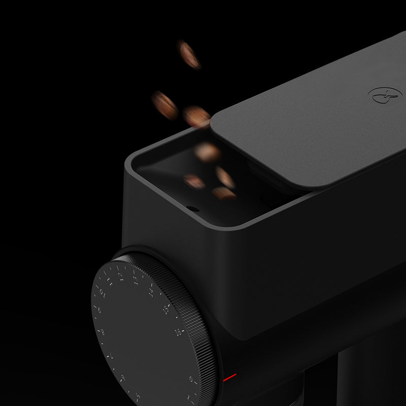 image of coffee beans entering the Timemore Sculptor 064S Electric Grinder