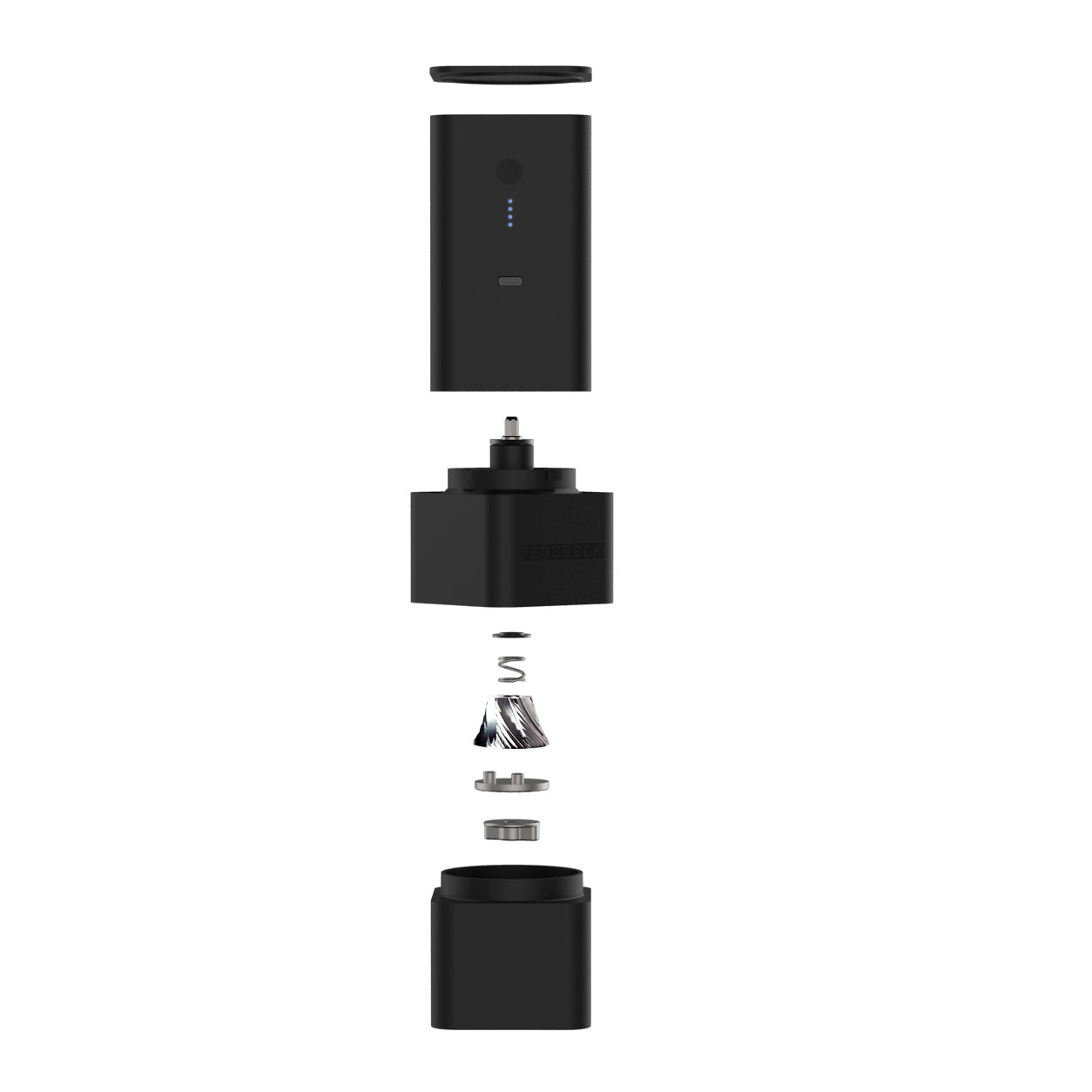 Black Femobook A2 Electric Grinder with its components laid out on a white background