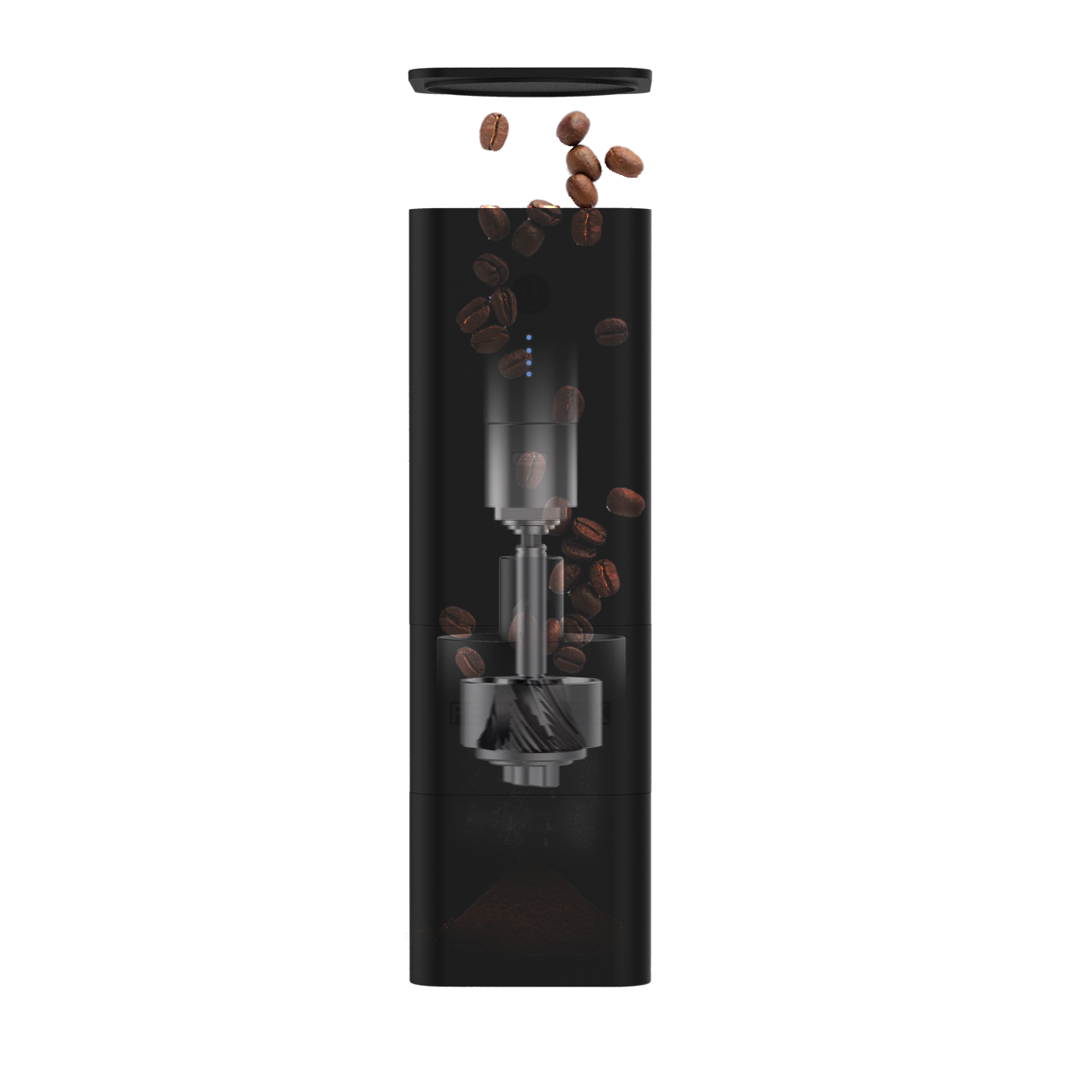 Femobook A2 Electric Grinder with coffee beans on a white background