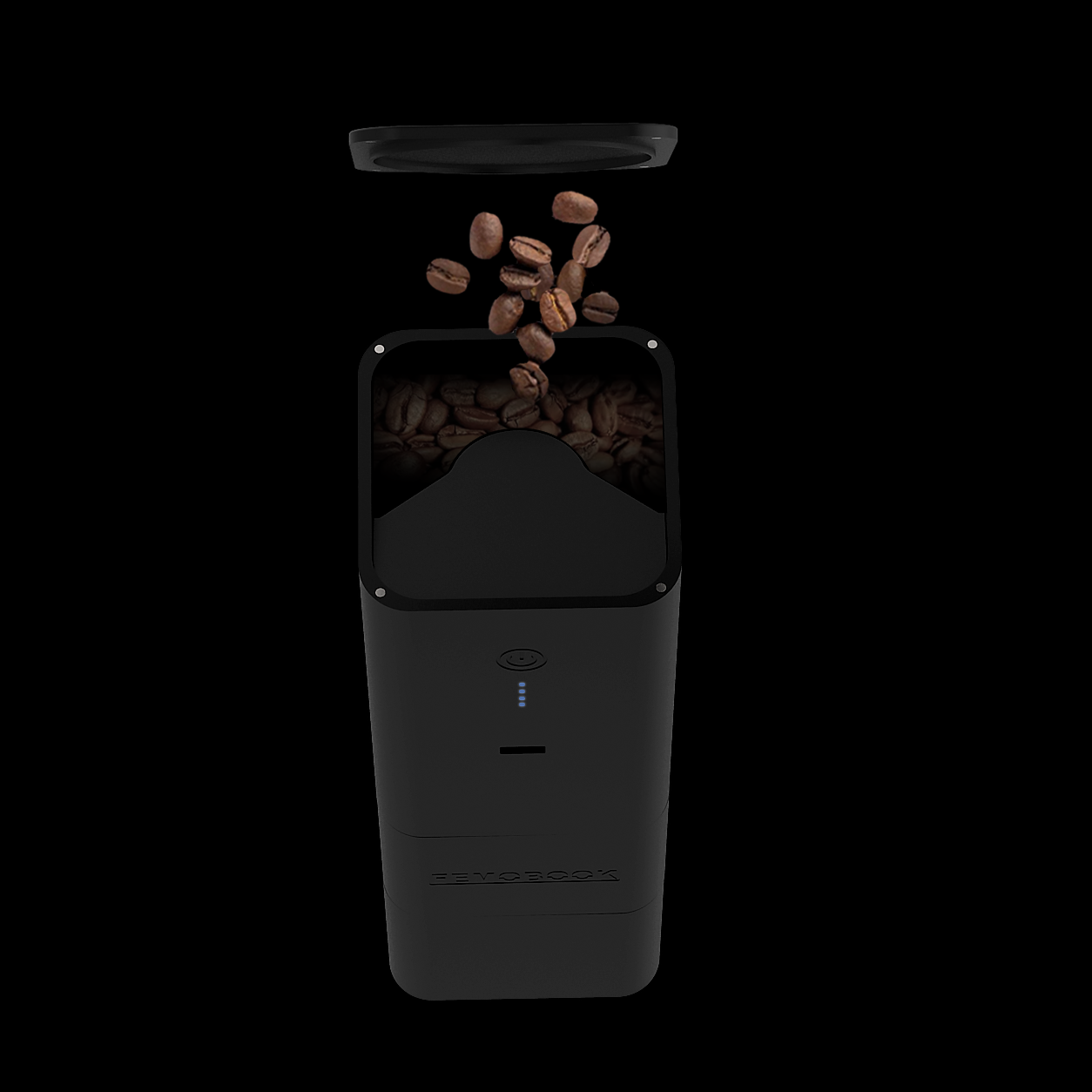 Black Femobook A2 Electric Grinder with coffee beans being dispensed on a white background