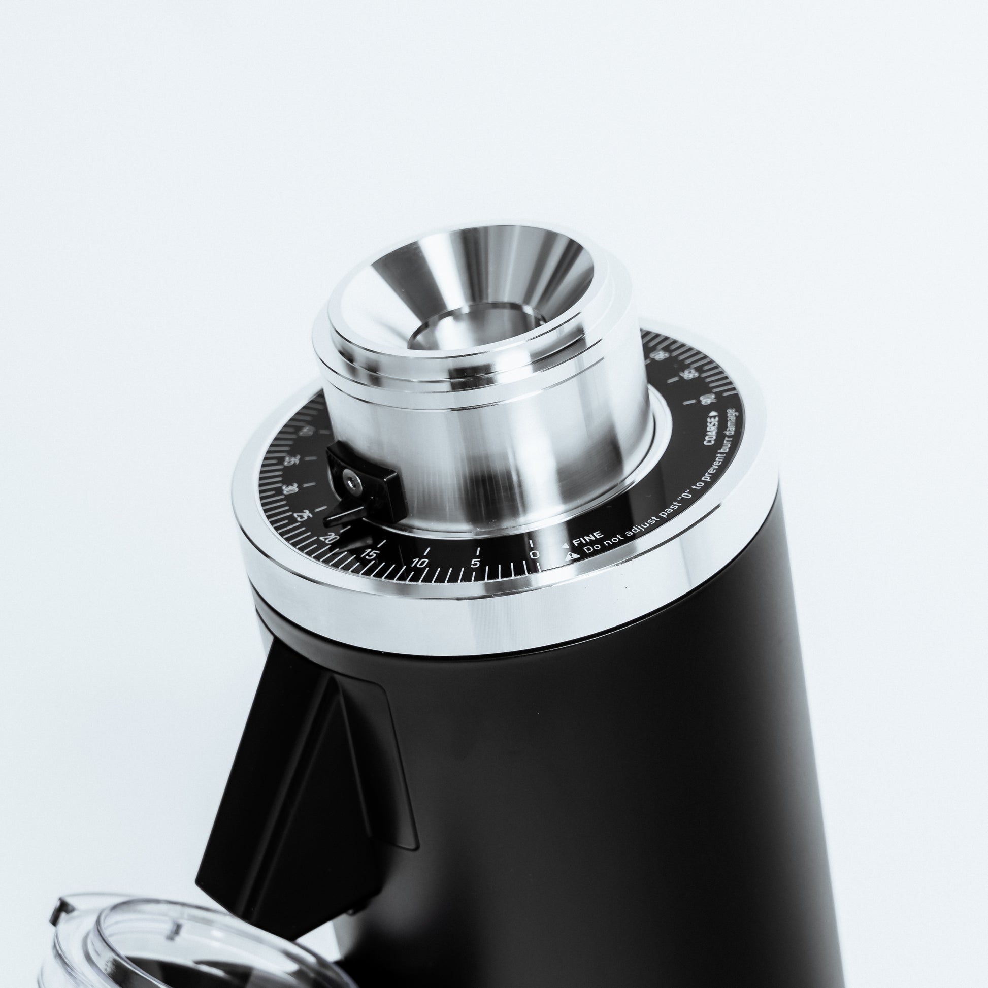 DF54 Electric Coffee Grinder by Earl showing the 54mm flat burr and grind adjustment dial.