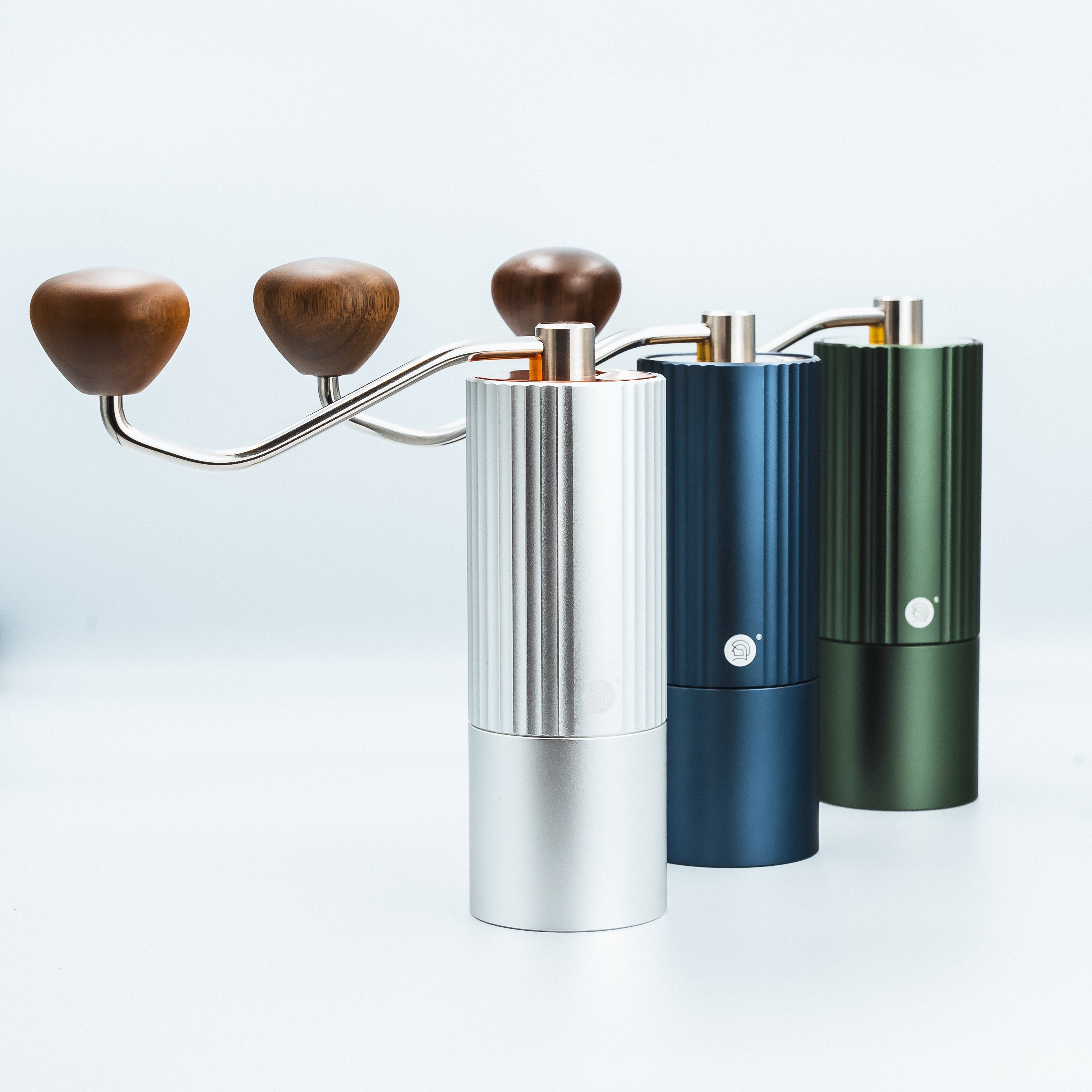 image of the silver, green and blue zeroHero Z3 Pro Coffee Hand Manual Grinder with ergonomic solid wood handles