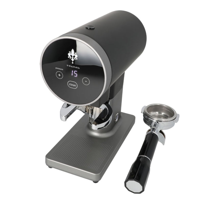 image of silver Eureka Disko Automatic Tamper with portafilter