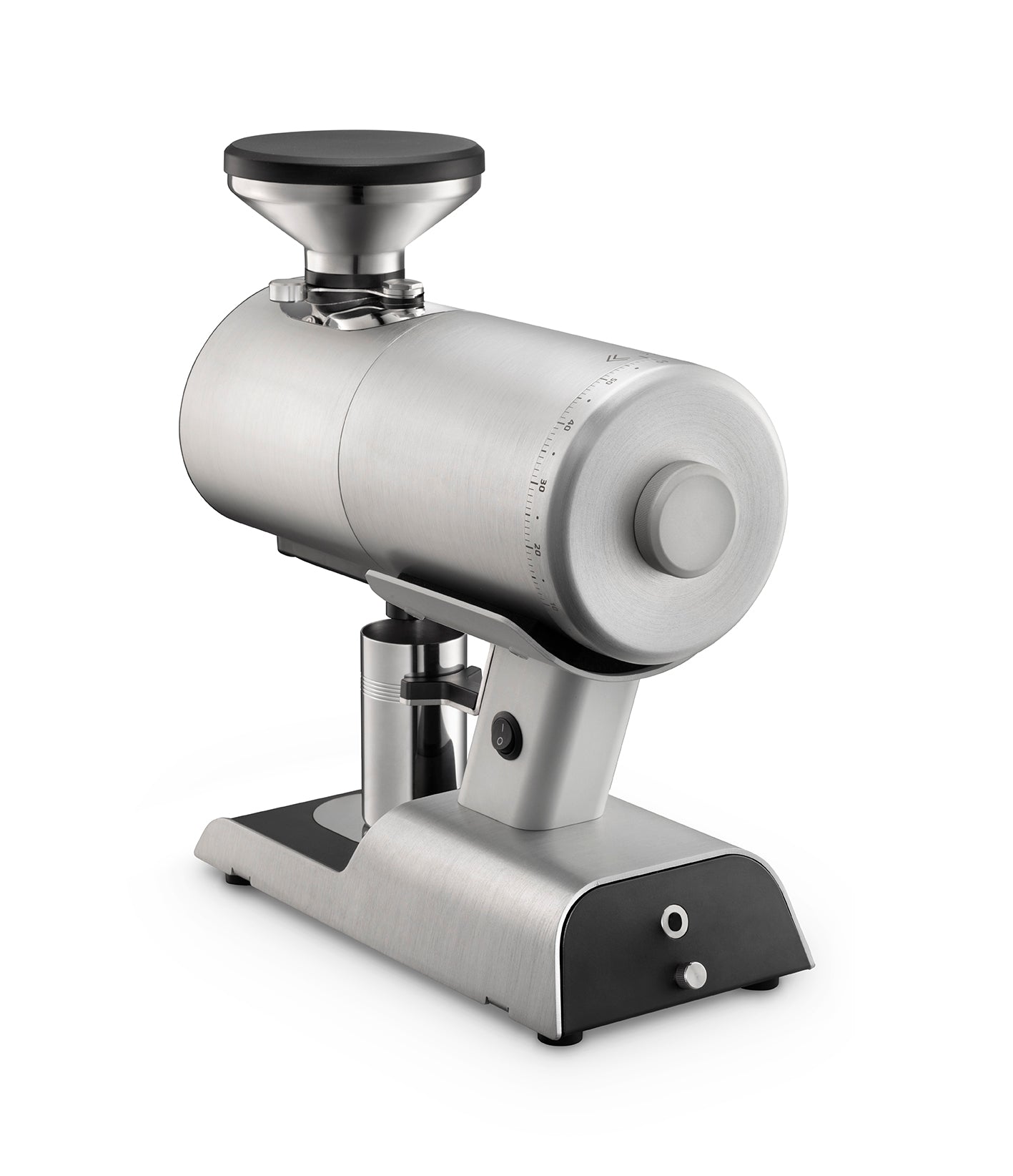 adjustment dial on the silver Mazzer Philos Single Dose Grinder