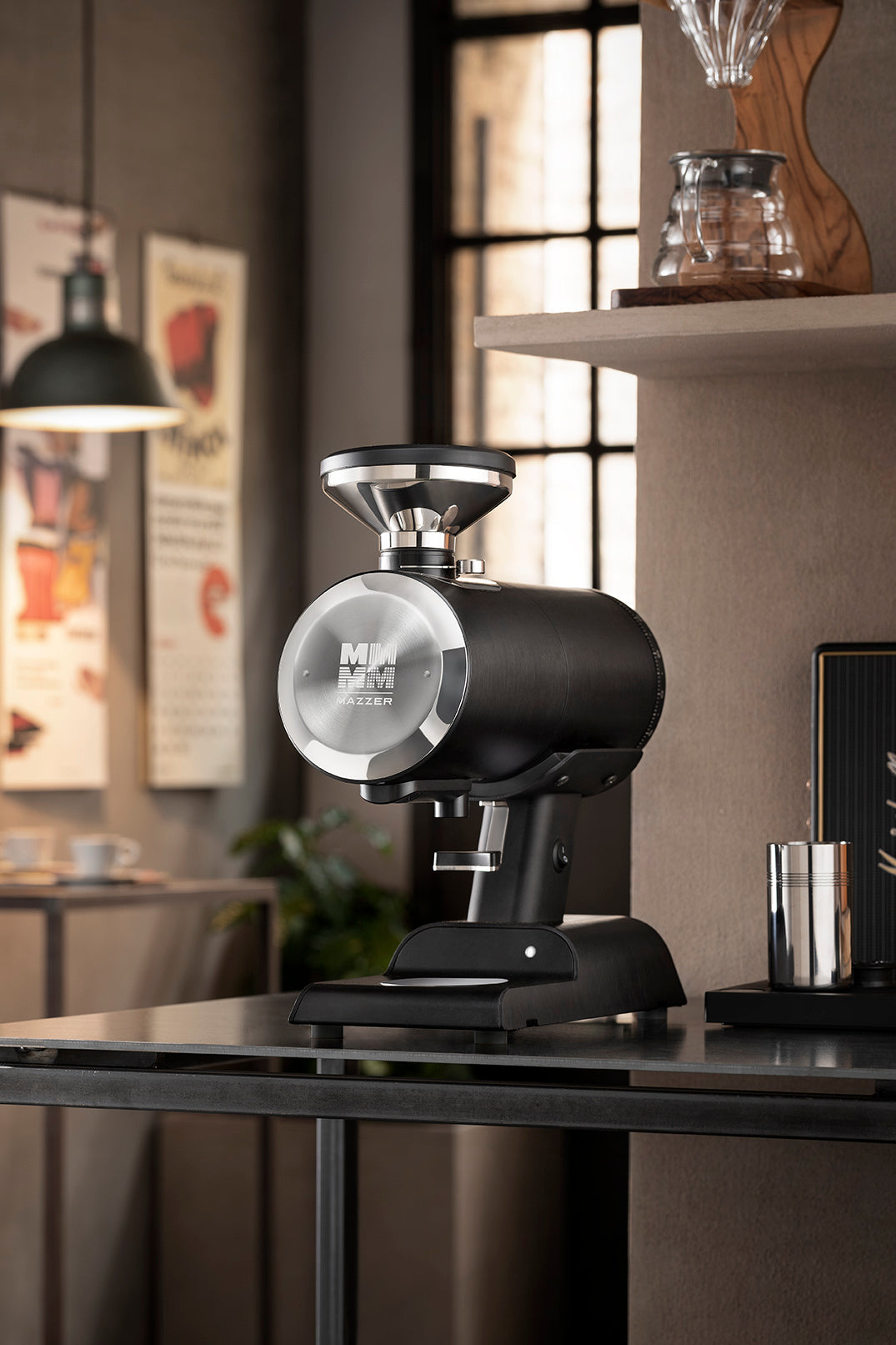 lifestyle image of the Mazzer Philos Single Dose Grinder on a kitchen counter