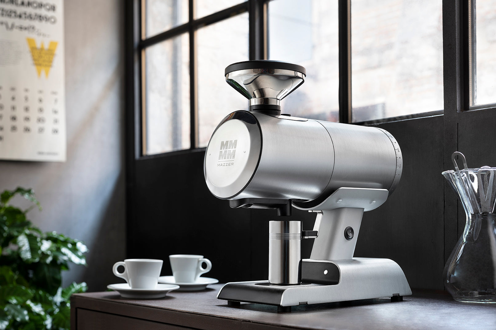 image of silver Mazzer Philos Single Dose Grinder on kitchen countertop