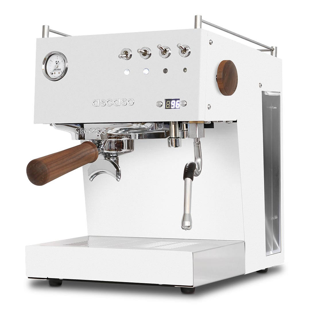 image of the timeless Ascaso Steel Duo PID Espresso Coffee Machine in White & Wood