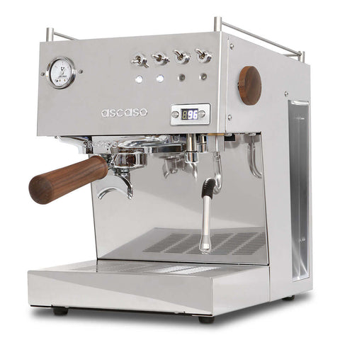 image of the timeless Ascaso Steel Duo PID Espresso Coffee Machine in Stainless Steel & Solid Wood