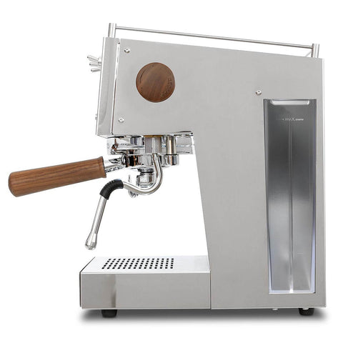 image showing the side of the Ascaso Steel Duo PID Espresso Coffee Machine in Stainless Steel with solid wood detailing and discreet water tank
