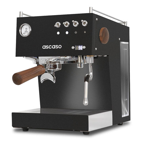 The Ascaso Steel Duo PID Espresso Coffee Machine in Black/Wood, with a vintage industrial look