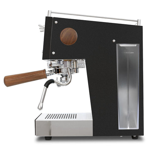 side profile of the Ascaso Steel Duo PID Espresso Coffee Machine in Black & Wood, displaying the water tank and solid wood detailing